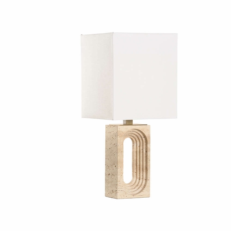 61326 Wildwood 27in. Travertine/Metal Archway Lamp with Linen Shade and Natural/Coffee Bronze Finish