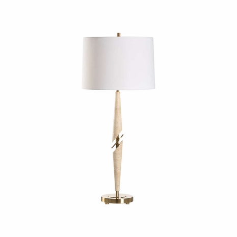 61332 Wildwood 37in. Travertine/Metal Harwich Lamp with Linen Shade and Natural White/Coffee Bronze Finish
