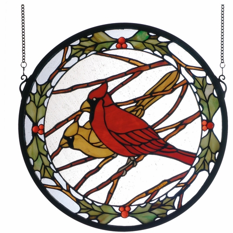 65289 Meyda Tiffany 15"W X 15"H Cardinals & Holly Stained Glass Window