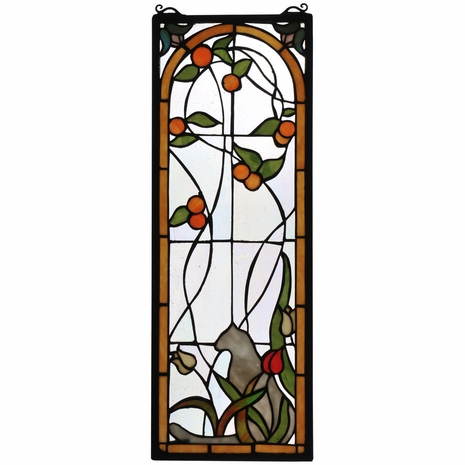 67117 Meyda Tiffany 9"W X 25"H Cat & Tulips Stained Glass Window