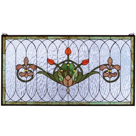 68018 Meyda Tiffany 36"W X 19"H Tulip & Fleurs Stained Glass Window
