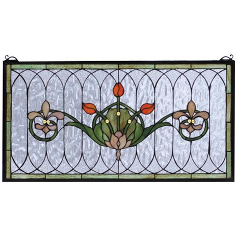 68019 Meyda Tiffany 26"W X 14"H Tulip & Fleurs Stained Glass Window