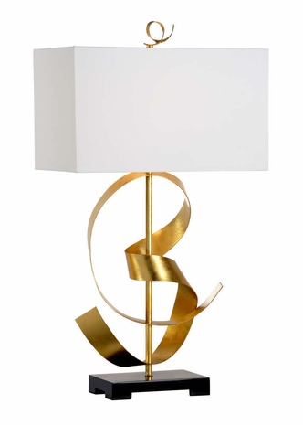 69233 Chelsea House 34.5in. Iron/Composite Ribbon Twirl Lamp with Linen Shade and Antique Gold Leaf/Black Finish