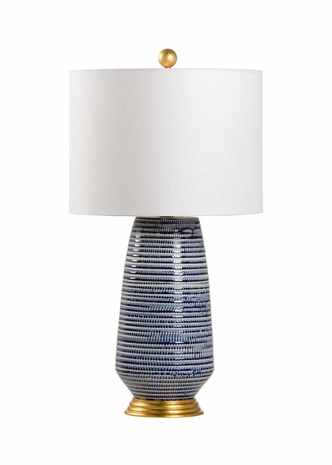 69389 Chelsea House 28.5in. Porcelain/Composite Hive Lamp - Blue with Linen Shade and White Glaze/Antique Gold Leaf Finish