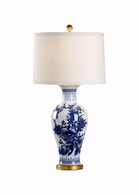 69790 Chelsea House 32in. Ceramic Chesterton Lamp with Silk Shade and Blue/White Glaze/Antique Gold Leaf Finish
