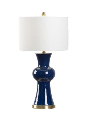 69954 Chelsea House 29in. Ceramic Rockport Beach Lamp with Linen Shade and Cobalt Glaze/Antique Brass Finish