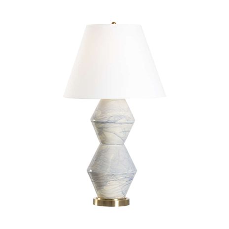 70062 Bill Cain 33.5in. Ceramic Paint Splatter Table Lamp with Linen Shade and Blue Swirl Glaze/Antique Brass Finish