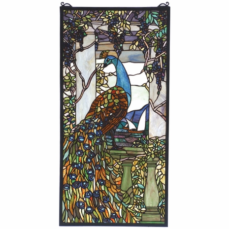 70519 Meyda Tiffany 15"W X 30"H Tiffany Peacock Wisteria Stained Glass Window