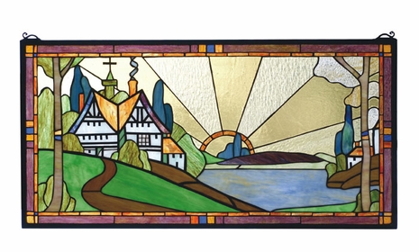 73057 Meyda Tiffany Tiffany Arts & Crafts Nouveau Sunrise At Lake Chalet Window