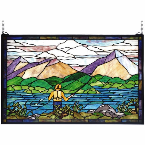 73649 Meyda Tiffany 30"W X 19"H Fly Fishing Stained Glass Window