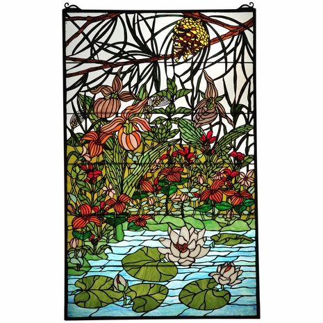 77661 Meyda Tiffany 30"W X 48"H Woodland LilyPond Stained Glass Window