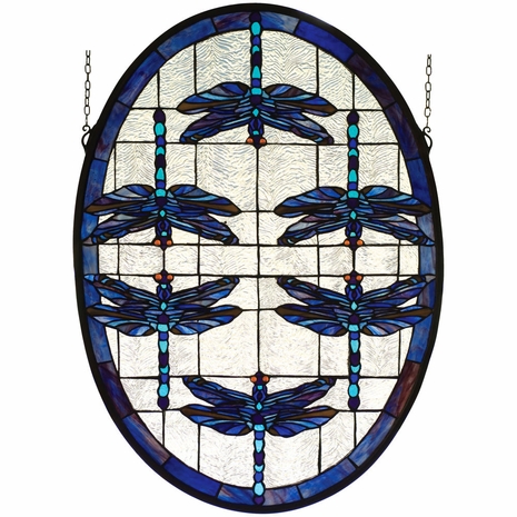 78087 Meyda Tiffany 22"W X 30"H Dragonflies Oval Stained Glass Window