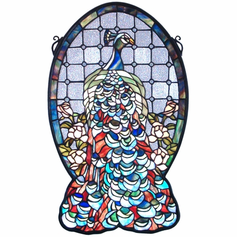 79806 Meyda Tiffany 12"W X 19"H Peacock Profile Stained Glass Window