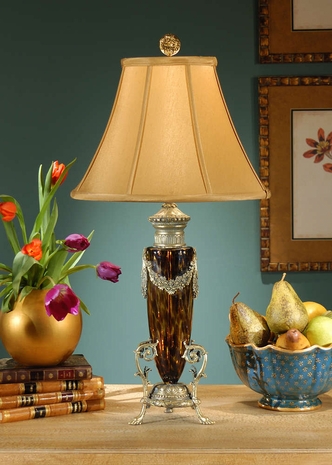 8839 Wildwood Lamps Tortoise Glass Budvase Lamp with Antique Patina on Cast Brass with Art Glass