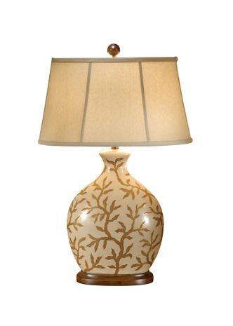 9047 Wildwood 30in. Porcelain Frantic Branches Lamp with Linen Shade and Hand Painted/Fruitwood Finish