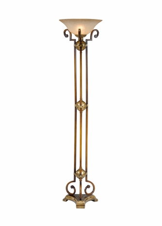 9076 Wildwood Lamps Iron Torchiere with Old Gold Patina with Brass Scavo Glass Shade