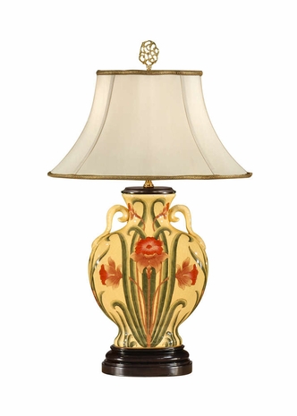 9163 Wildwood Lamps Symetric Flowers Lamp with Hand Painted Porcelain with Aged Old Wood