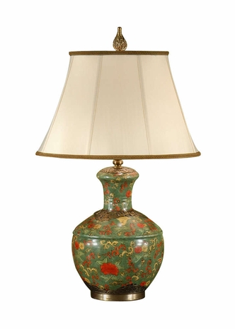 9254 Wildwood Lamps Green Dragon with Red Lamp with Antique Patina on Porcelain with Antique Brass Ormolu