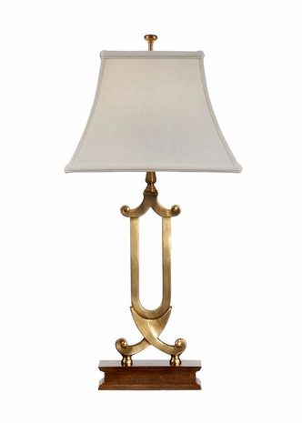 9497 Wildwood 27in. Cast Brass Crossed Scrolls Lamp with Silkette Shade and Antique Brass/Walnut Finish