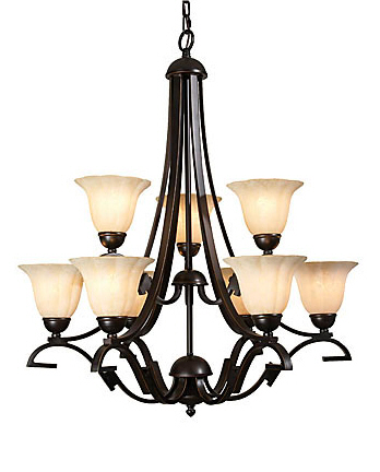 9514 Wildwood Lamps Iron and Glass Chandelier with Old Iron - Nine Lights