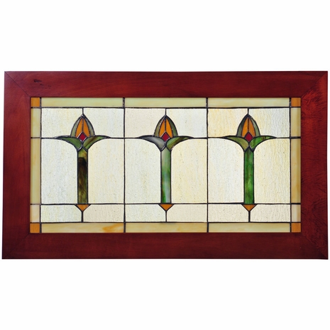 97961 Meyda Tiffany 24" Wide X 14" High Arts & Crafts Bud Trio Wood Frame Stained Glass Window