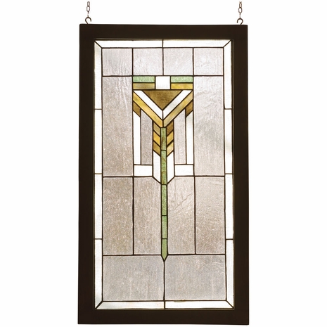 98099 Meyda Tiffany 17"W X 30"H Prairie Wood Frame Stained Glass Window
