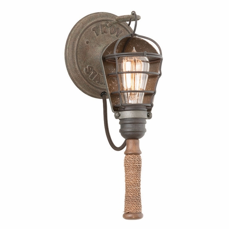 B4171 Troy Interior Yardhouse Large 1Lt Hand-Worked Iron Ceiling Mount Pendant Wall Sconce in Rusty Galvanized With Manila Rope And Wood Accents Finish