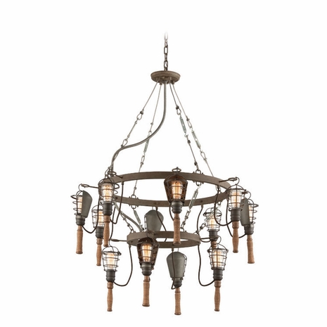 F4177 Troy Interior Yardhouse Large 2 Tier 12Lt Hand-Worked Iron Ceiling Mount Pendant 2 Tier in Rusty Galvanized With Manila Rope And Wood Accents Finish