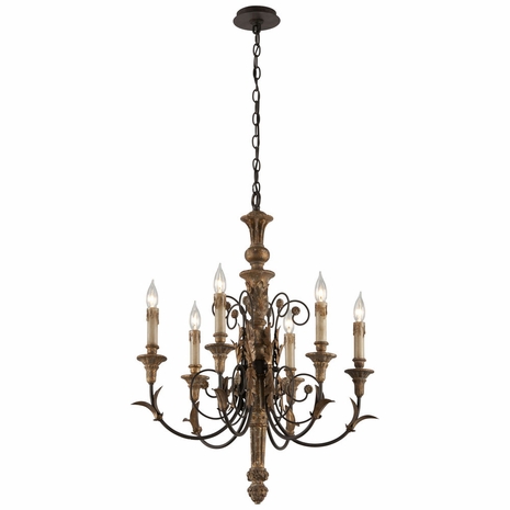 F4536 Troy Interior Luxembourg Medium 6Lt Hand Carved Wood And Wrought Iron Ceiling Mount Chandelier in Provence Bronze Finish