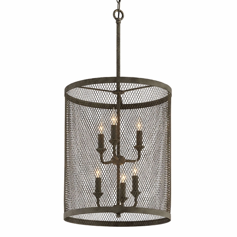 F4846 Troy Hand-Worked Iron Interior Village Tavern 6Lt Pendant Medium with Old Tavern Iron Finish