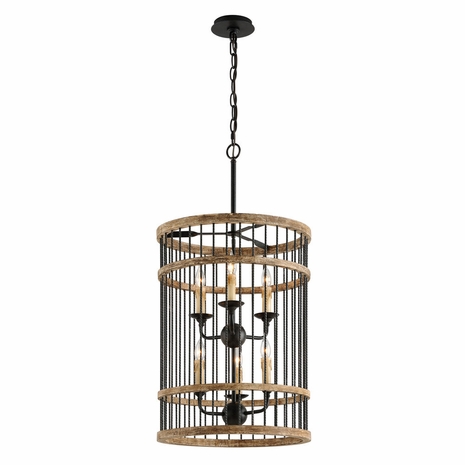 F4856 Troy Hand-Worked Iron Interior Vineyard 6Lt Pendant Medium with Rusty Iron With Salvaged Wood Finish