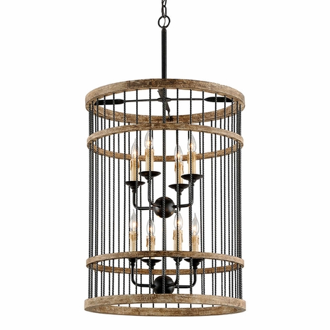F4857 Troy Hand-Worked Iron Interior Vineyard 8Lt Pendant Large with Rusty Iron With Salvaged Wood Finish