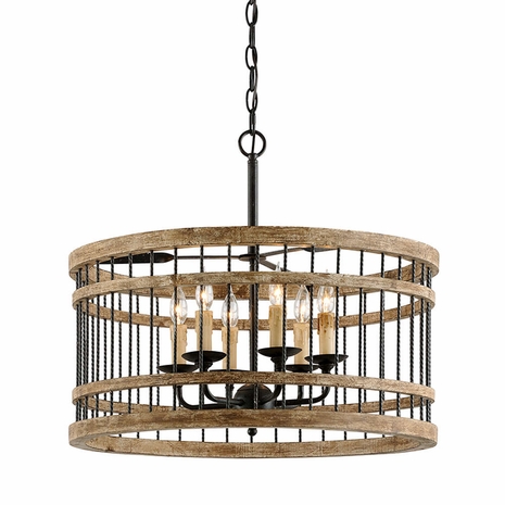 F4858 Troy Hand-Worked Iron Interior Vineyard 6Lt Pendant Dining with Rusty Iron With Salvaged Wood Finish