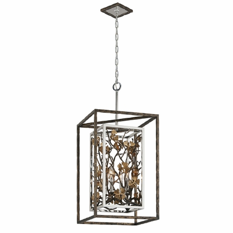 F5294 Troy Interior Chrysalis Small 4Lt Hand -Crafted Iron And Stainless Ceiling Mount Pendant in Cottage Bronze With Polished Stainless And Gold Leaf Finish