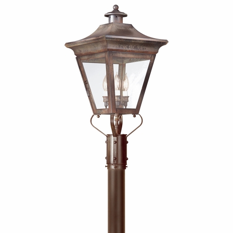 P8934NR Troy Solid Brass Exterior Oxford 3Lt Post Lantern 3Lt Post Lantern Large with Natural Rust Finish