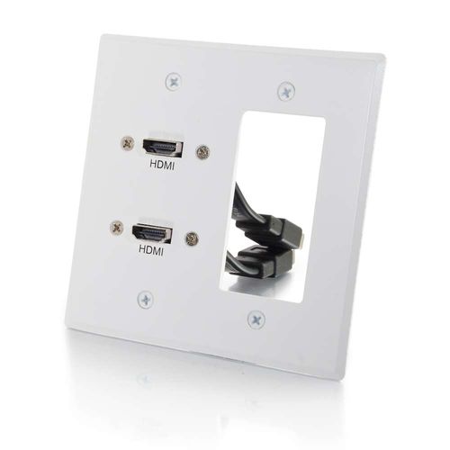 Cables To Go Dual HDMI Pass Through Double Gang Wall Plate with One Decora Compatible Cutout - White - 39708