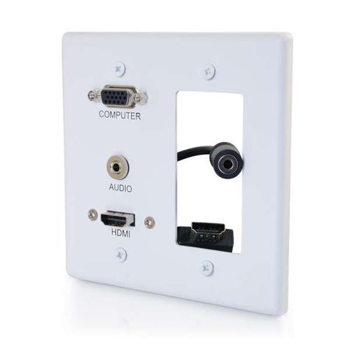 Cables To Go HDMI&reg;, VGA and 3.5mm Audio Pass Through Double Gang Wall Plate with One Decorative Cutout - White - 39877