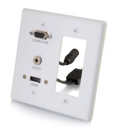 Cables To Go HDMI®, VGA and 3.5mm Audio Pass Through Double Gang Wall Plate with One Decorative Cutout - White - CG39877