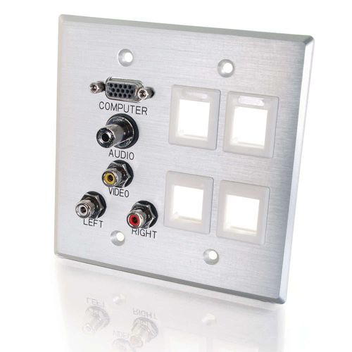 Cables To Go VGA, 3.5mm Audio, Composite Video and RCA Stereo Audio Pass Through Double Gang Wall Plate with Four Keystones - Brushed Aluminum - 40509
