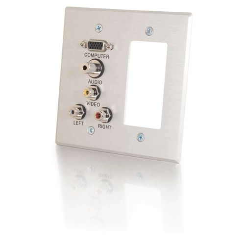 Cables To Go VGA, 3.5mm Audio, Composite Video and RCA Stereo Audio Pass Through Double Gang Wall Plate with One Decora Compatible Cutout - Brushed Aluminum - 41027