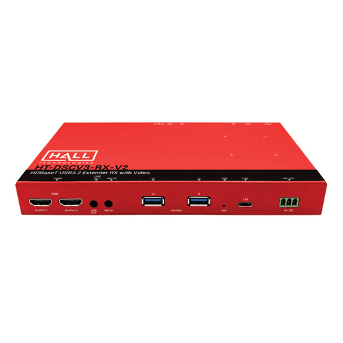 Hall Technologies USB3.2 Extender RX - 1x USB-C, 2x USB-A HUB - BOX - 5Gbits@90m - 2x HDMI Video Outputs - 1x Line Out - POH - Power Included - HT-DSCV3-RX-V2