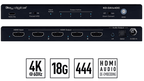 Key Digital 4K 18G 4 Output HDMI Splitter Distribution Amp with Audio De-Embed, 4K to 1080p Down-Convert  - KD-DA1X4DC