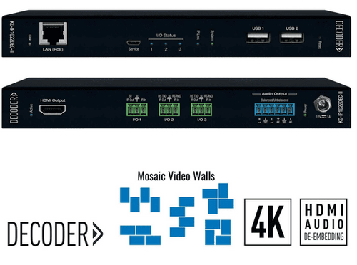 Key Digital 4K AV over IP System Decoder with PoE, Audio De-Embedding and Pre-Amp, Mosaic Video Walls  - KD-IP1022DEC-II