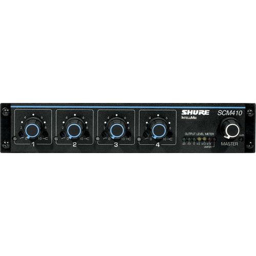 Shure Four-Channel Automatic Microphone Mixer (110V) with Logic Control and EQ per Channel, AC only, Half Rack Space Single and Dual Mount - SCM410