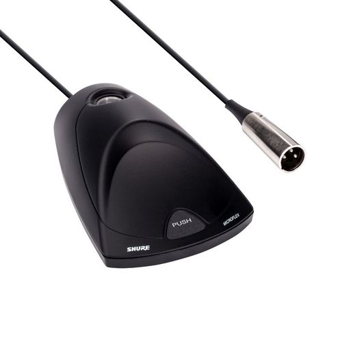 Shure Small Desktop Base with input, switched preamplifier, programmable logic switch and LED. Supports standard and light ring microphones - MX400DP