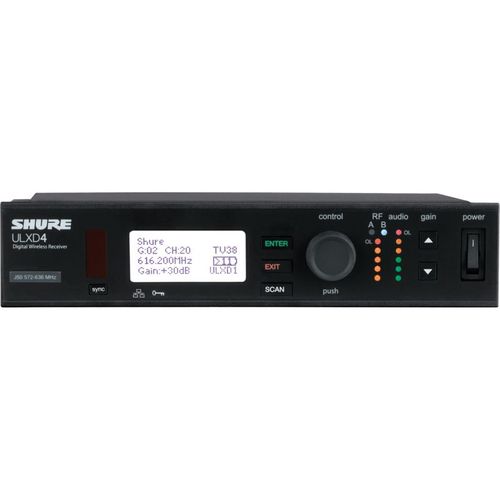 Shure Single Digital Wireless Receiver with Always On AES256 Encryption, PS41US Power Supply, 1/2 Wave Antenna and Rack Mounting Hardware, 572-620 MHz - ULXD4GV=-J50A
