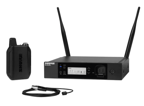 Shure The GLX-D+ Dual Band Wireless Rack System features the miniature wearable WL93 lavalier microphone for spoken word applications and the GLXD4R+ half-rack receiver. - GLXD14R+/93-Z3