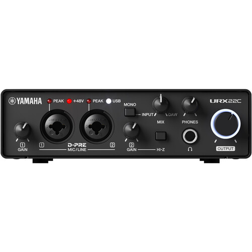 Yamaha 2-in/2-out USB-C Audio/MIDI Interface with 32-bit/192kHz support, 2 combo inputs, DSP-powered mixing/effects, Steinberg software suite, black - URX22C