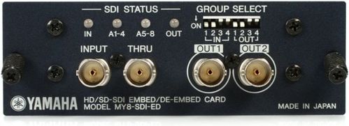 Yamaha 8-Channel HD/SD-SDI embed/de-embed input card; one BNC connector with SDI input; two BNC connectors with SDI output; and one BNC connector with SDI reclocked thru output, - yamaha-my8sdi-ed