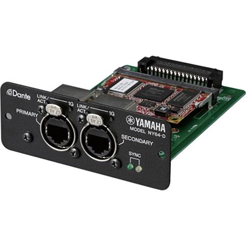Yamaha Dante expansion card for TF series consoles and TF-RACK allows transmission/reception of up to 128 channels (64 in/64 out) used in conjunction with the TIO1608-D; it is possible to support up to 48 inputs and 24 outputs in a TF system, - yamaha-ny64-d